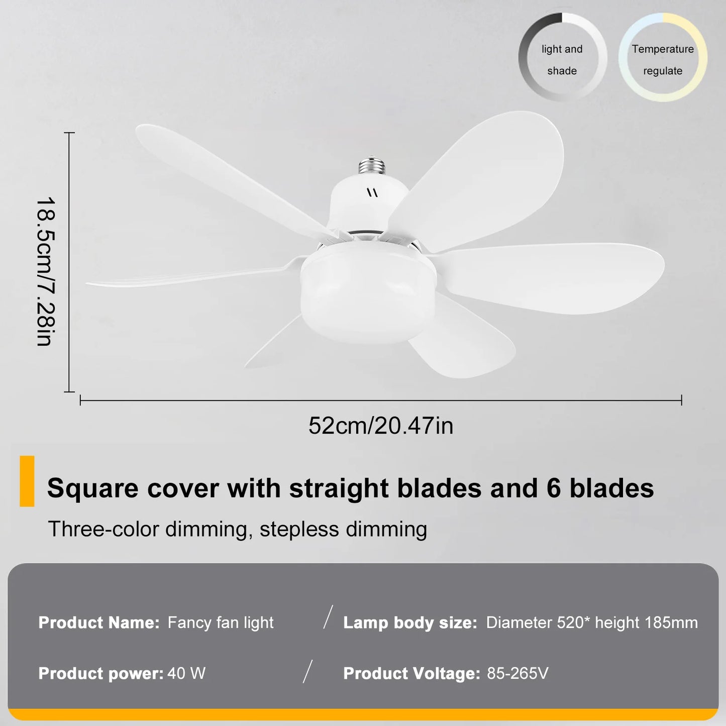 Socket Fan Light 3 Speeds Dimmable Screw in Ceiling Fan in Light Socket with Extender & 6 Blades Ceiling Fan with Light