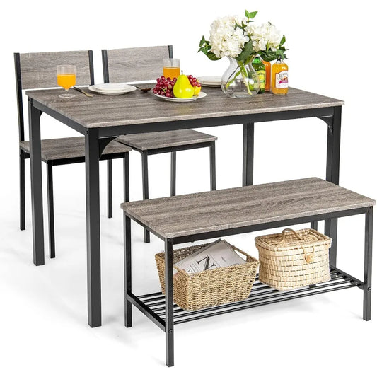 Dining Table Set for 4, Kitchen Table with Bench and Chairs, Industrial Gathering Bench Dining Set W/Metal Frame & Storage Rack