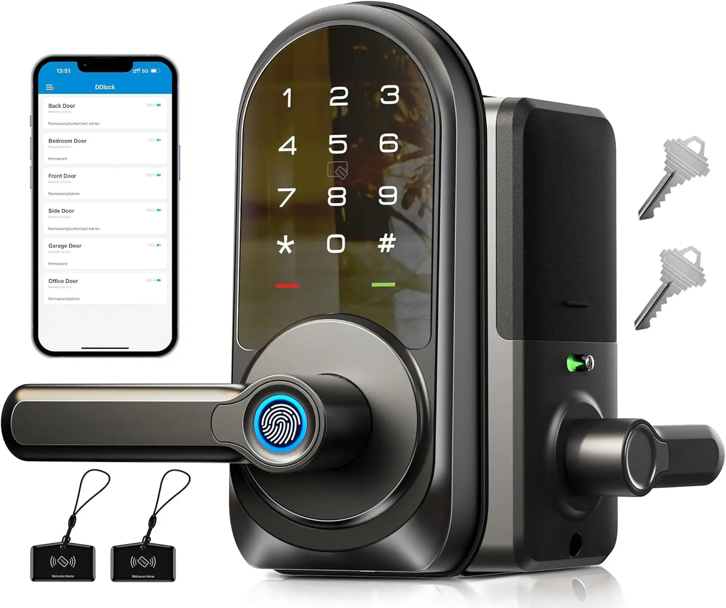 Veise RZ09 Smart Lock, 7-in-1 Keyless Entry with Handle Set, APP Control Fingerprint Deadbolt for Front Door