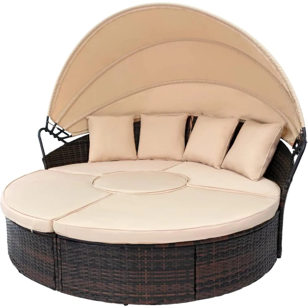 Outdoor Patio Daybed with Retractable Canopy, Wicker Rattan Sectional Round Sofa Furniture Set, 5 Pieces Seating Separates Cushi