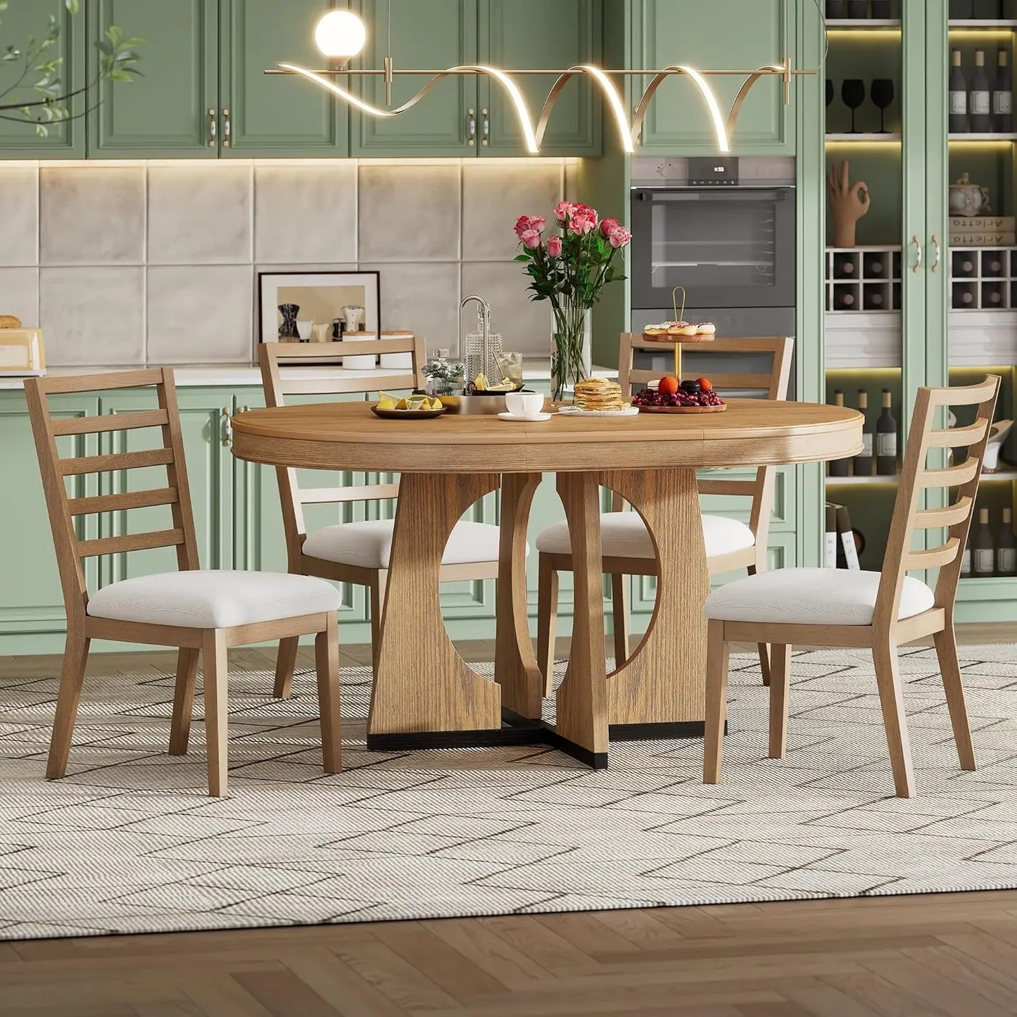 5 Piece Extendable Farmhouse Round Dining Table Set, 58" to 42" Oval Dining Room Table for 4 6 8 People and 4 Upholstered Chairs