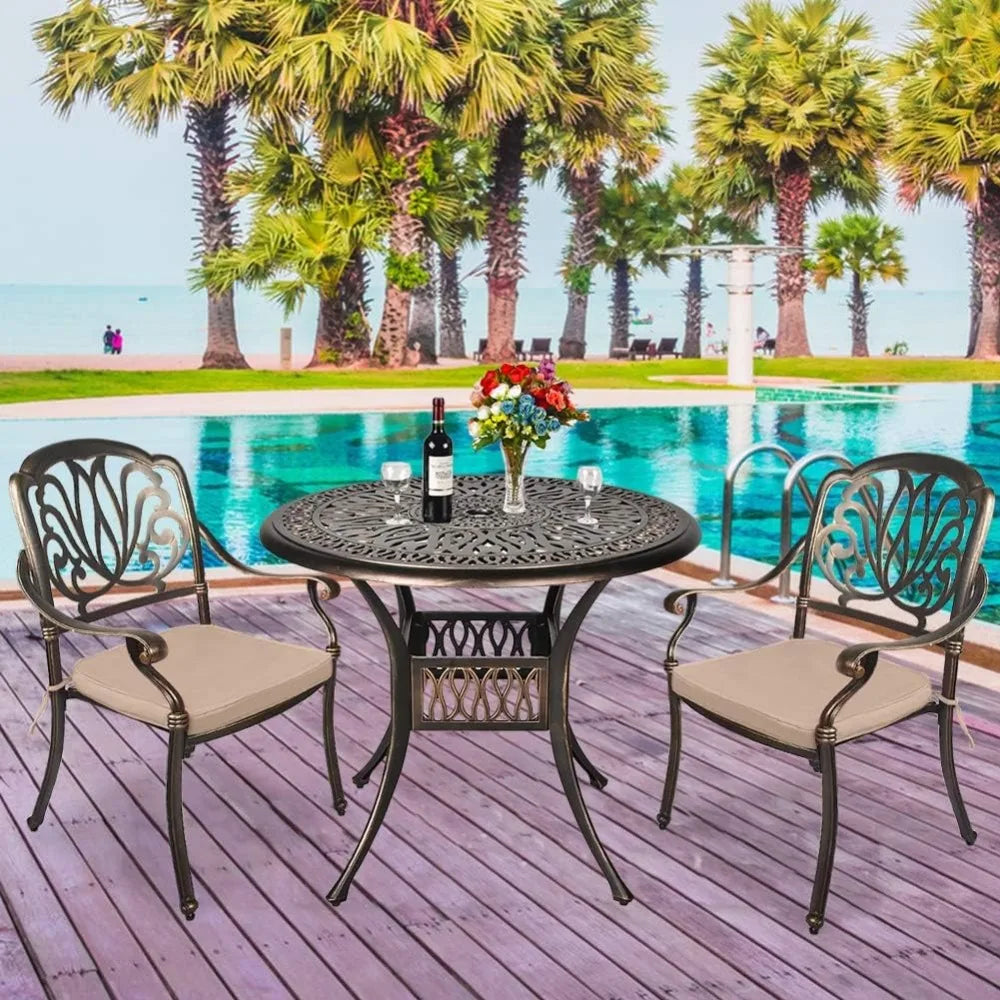 3 Piece Patio Dining Set, All-Weather Outdoor Cast Aluminum Patio Furniture Conversation Set Includes Round Table and Chairs wi