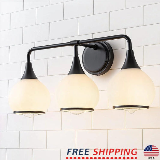 Black 3-Light Vanity Light Fixture Bathroom Wall with Frosted Glass Shades Elegant Home Lighting