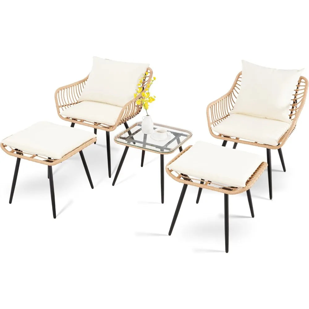 5 Piece Patio Furniture Set, Outdoor Wicker Small Conversation Bistro Set, All-Weather PE Rattan Chairs with Ottoman & Coffee Ta
