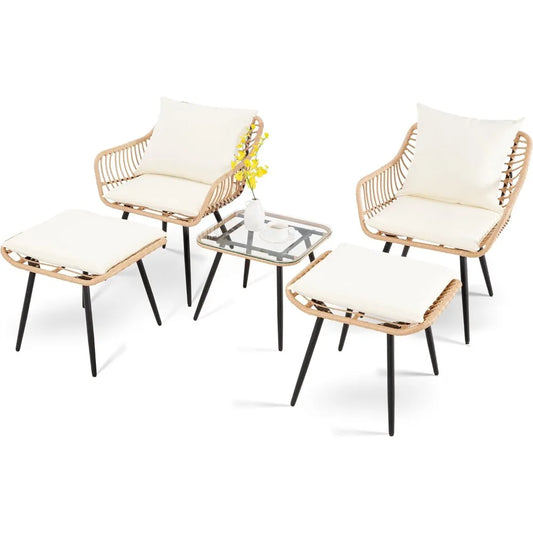 5 Piece Patio Furniture Set, Outdoor Wicker Small Conversation Bistro Set, All-Weather PE Rattan Chairs with Ottoman & Coffee Ta