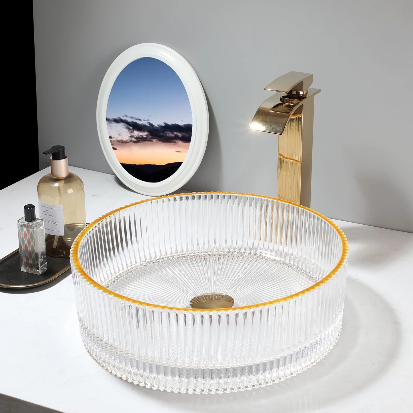 TORAYVINO Glass Bathroom Basin Sink Faucet Set Gold Rim White Vessel Vanity Top Sink  Two Hole Single Handle Faucet Mixer