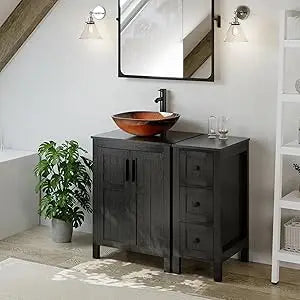 36" Black Bathroom Vanity With Sink Combo, Modern Cabinet With 3 Drawers, Grooved Doors & Metal Handles, Champagne Boat Tempere
