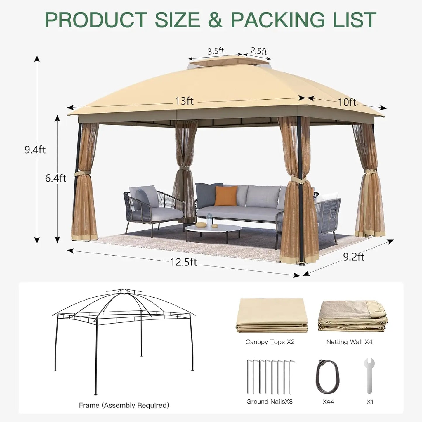 10 x 13 Gazebo, Metal Patio Gazebo with Mosquito Netting and Double Air Roofs, Heavy Duty & Waterproof Outdoor Canopy Gazebos