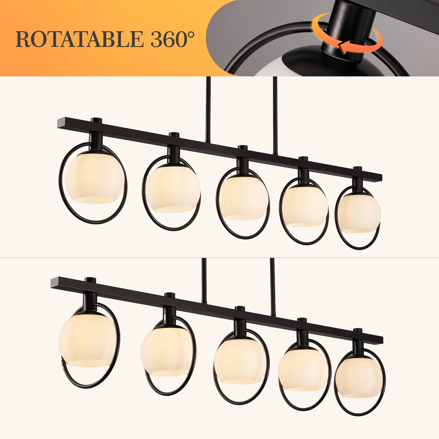 Modern 5-Light Adjustable Chandelier with Glass Shades Black Metal Frame Pendant Light Fixture Hanging Lighting for High Ceiling
