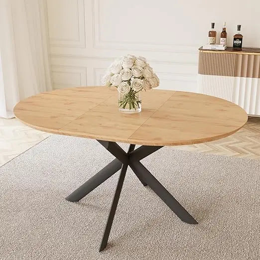 43.2"-59.1" Extendable Round Dining Table Set, Wooden Round Table for 4-6 Person, Oak Coffee Table w/Scratch-Resistant Tabletop
