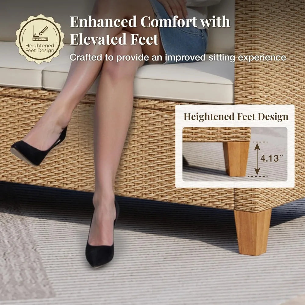 Wicker Outdoor Patio Furniture Set 3 Pieces Patio Chaise Longue Conversation Set, Rattan L-Shaped Sofa Couch with Acacia Wood Co