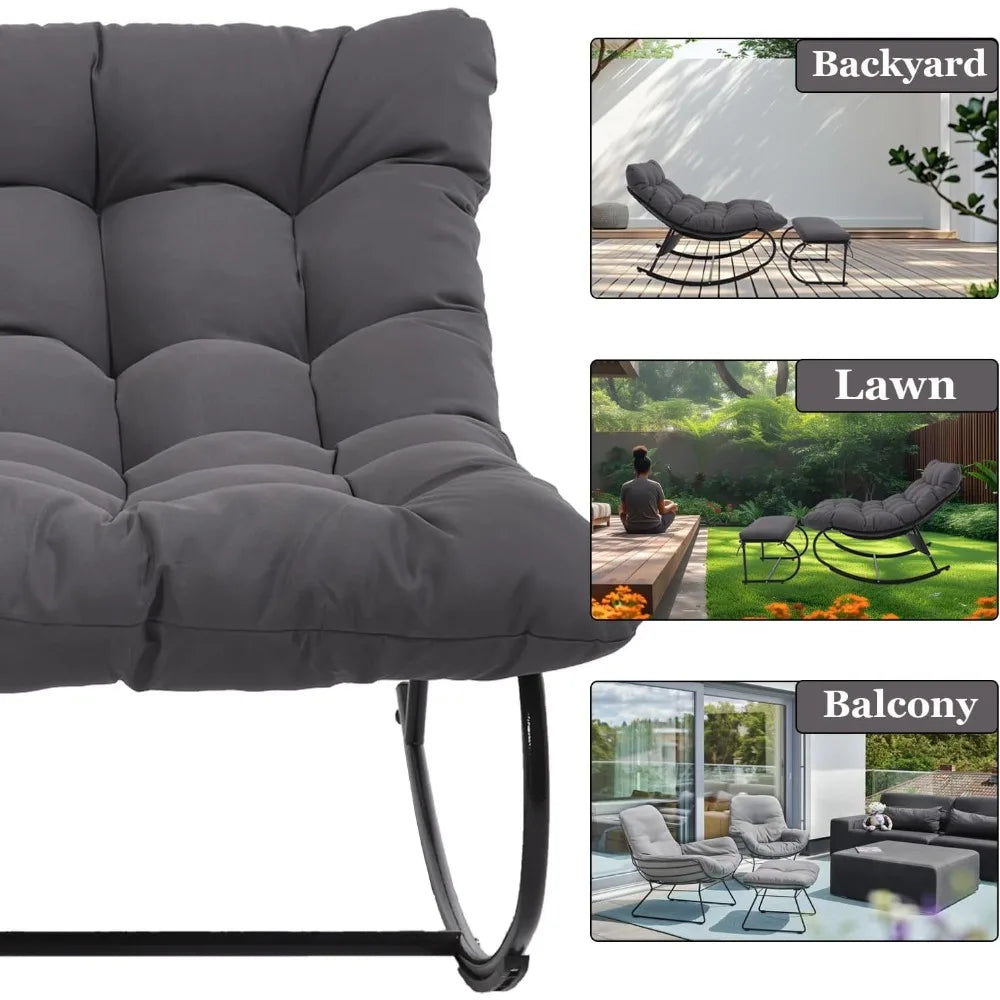 2 Piece Outdoor Rocking Chairs with Ottoman, Patio Oversized Rocking Egg Chair with Cushion, Papasan Chair Set of 2 for Outside,