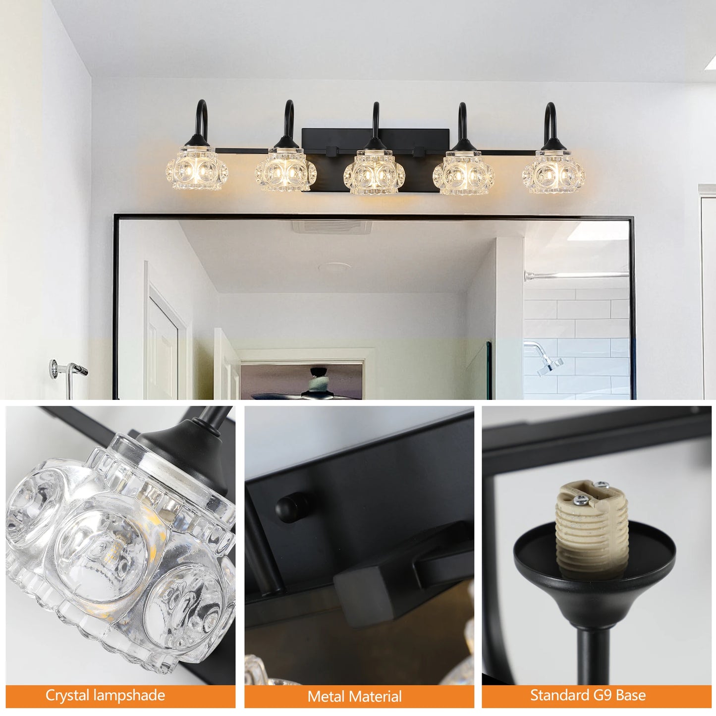 29" Retro 5-Light Bathroom Vanity Light Fixture - Black Finish with Crystal Glass Shades, Wall Mounted Lighting