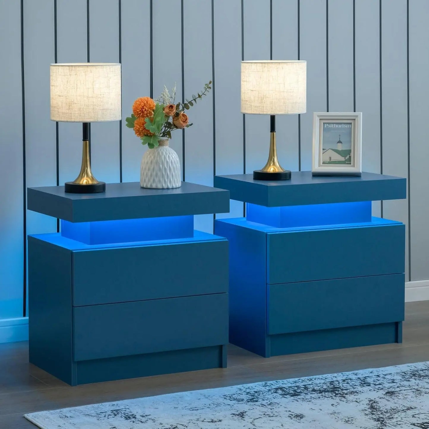 LED Nightstand Set of 2 with 2 Drawers, Bedside Table with Drawers for Bedroom Furniture, Side Bed Table
