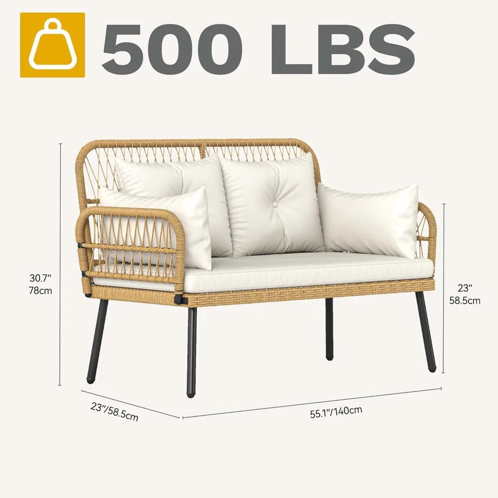"Outdoor Loveseat with Cushion and Adjustable Feet, Wicker Patio Furniture Set for Garden, Balcony, and Porch, Beige"