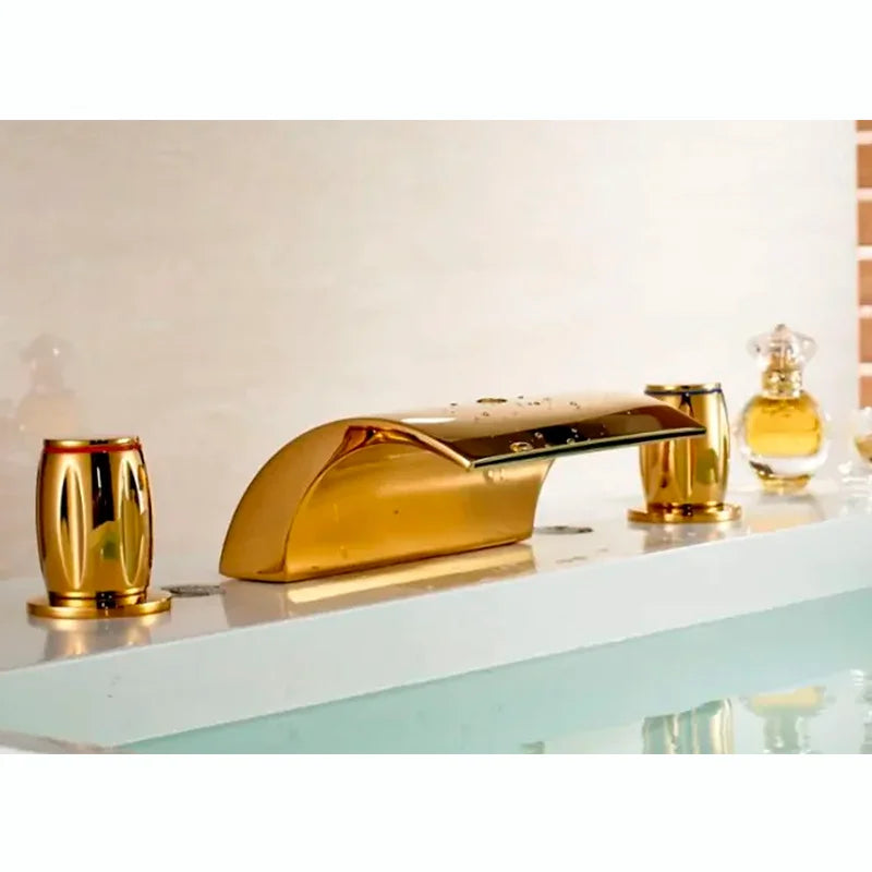 3Pcs Golden Bathroom Basin Faucet Crystal Handle Widespread Hot Cold Water Mixer Tap Waterfall Bathroom Faucet Crane torneiras