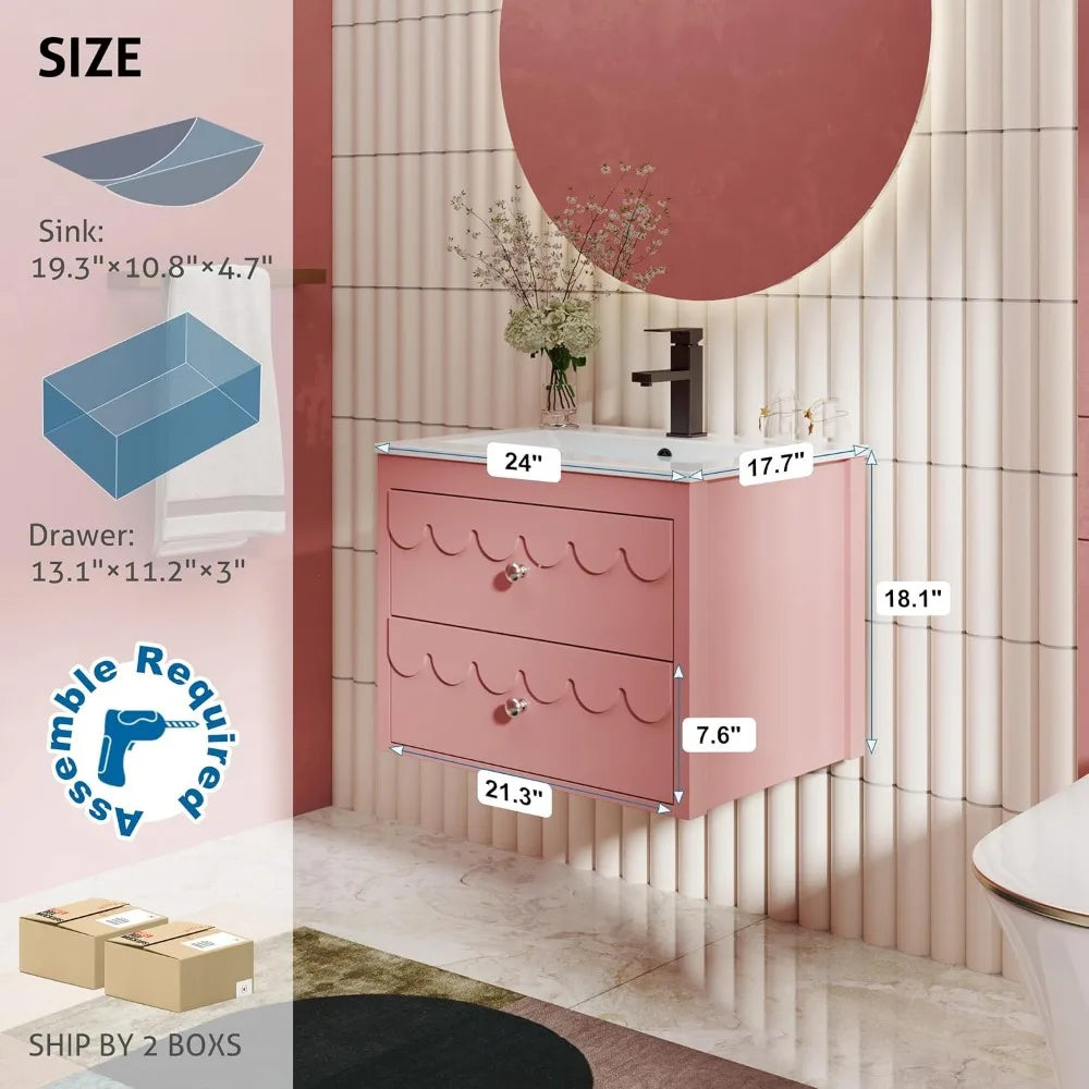 24" Floating Bathroom Vanity with Sink Combo, Modern Painted Wall-Mounted Vanities Storage Cabinet with Scalloped Decor, Underm