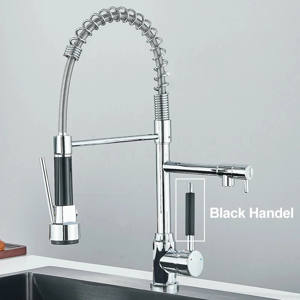 Chrome Brass Kitchen Sink Faucet Pull Down Hot and Cold Water Mixer2 Mode Tap with Dual Spout 360 Rotation Flexible Deck Mounted