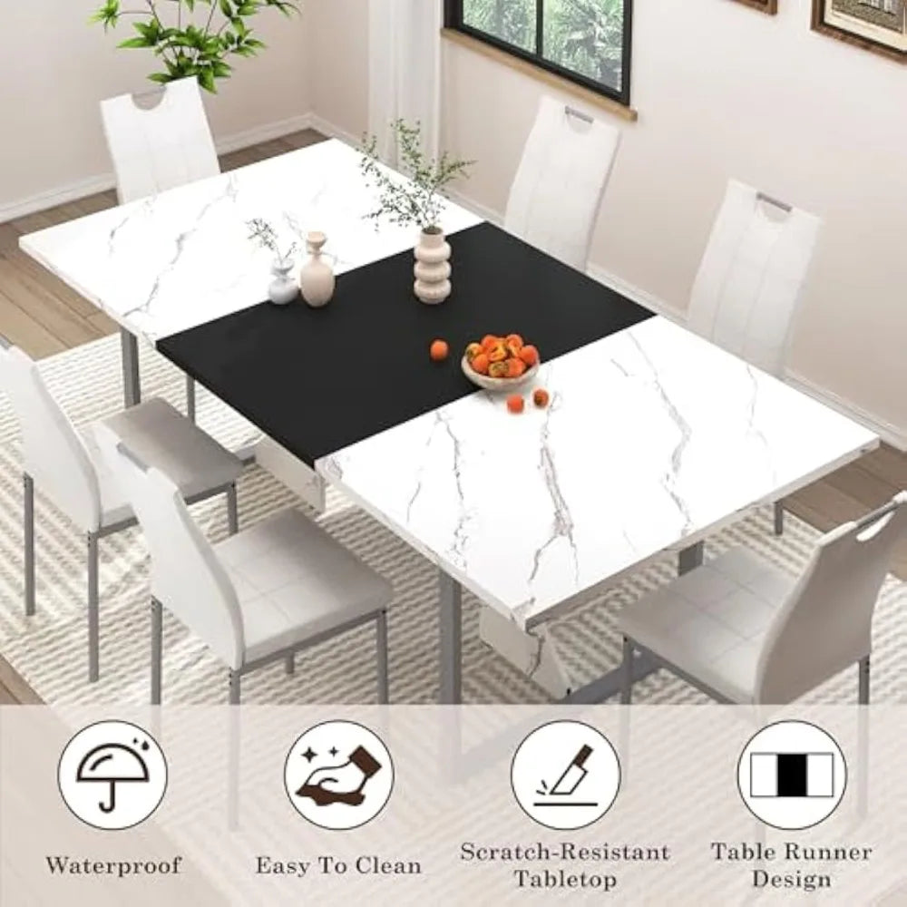 7-Piece Dining Table Set|Wooden Dining Table with 6 Upholstered Chairs for 6 People|70in Kitchen Table W/Waterpoof Tabletop,Leat
