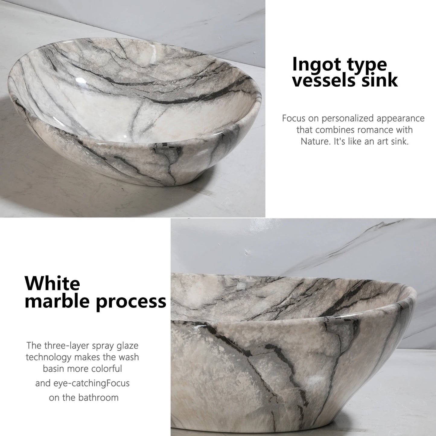 ZAPPO Marbling Oval Vessel Sink 16.4 Inch Bathroom Ceramic Sinks Above Counter Porcelain Basin Bowl for Modern Small Bathroom US