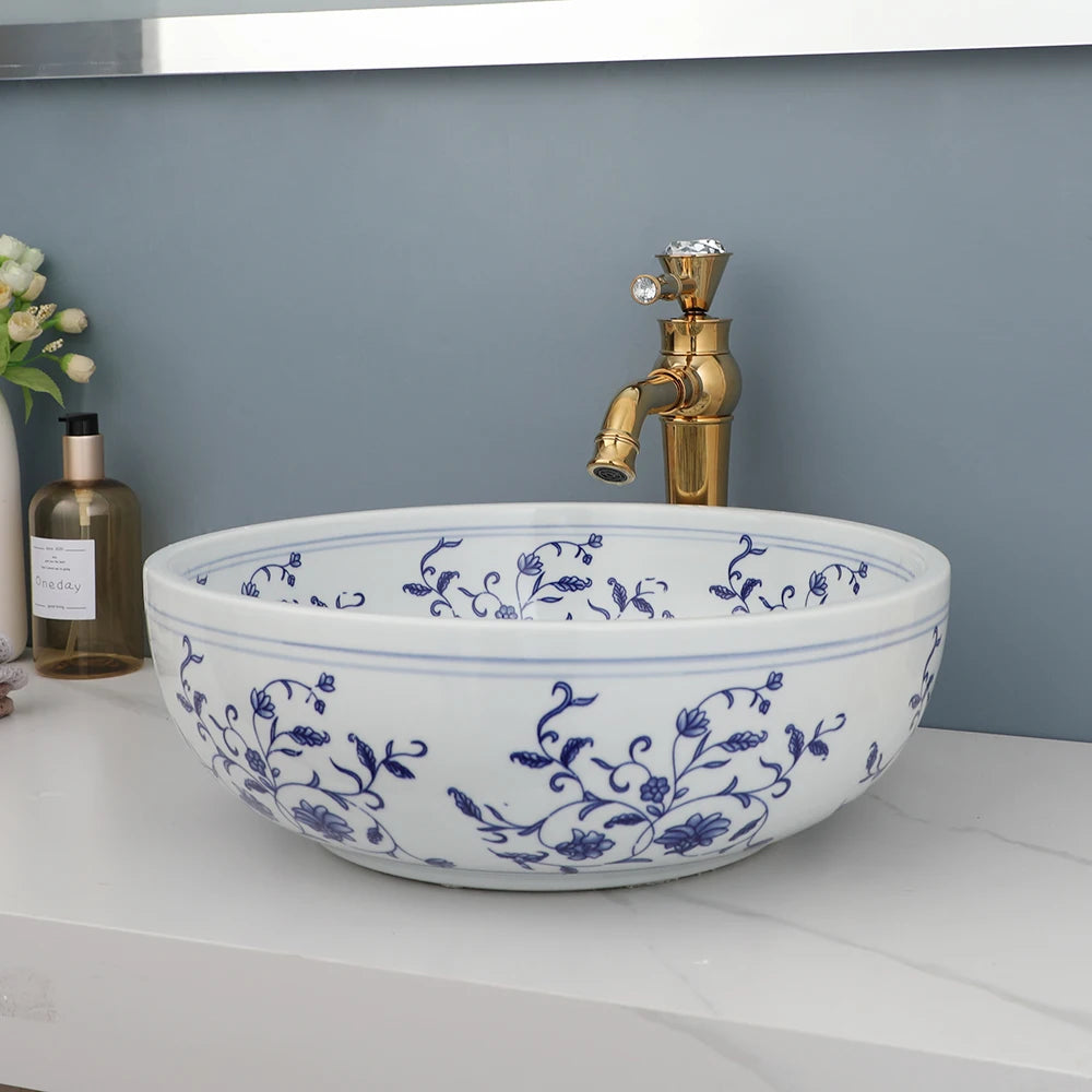 ZAPPO Bathroom Basin Sink Faucet Combo Ceramic Round Wash Basin Bathroom Washbasin Hand Painted Vessel Sink bathroom sinks