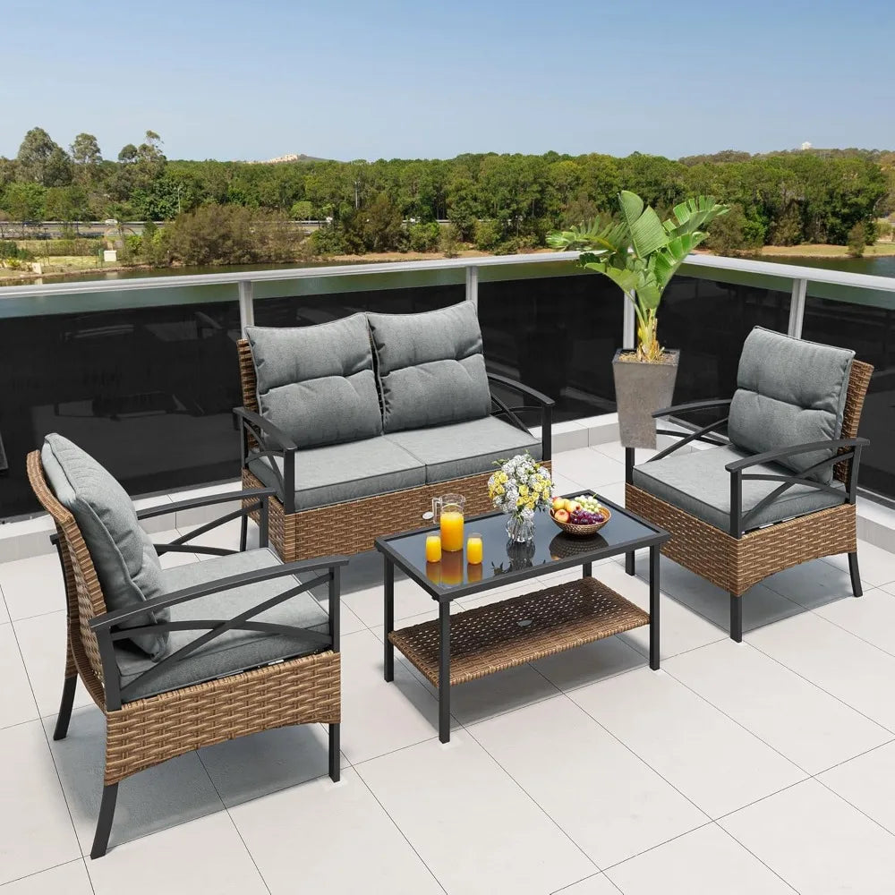4 pieces patio furniture set outdoor wicker patio conversation set with metal table and soft cushions all-weather rattan bistro