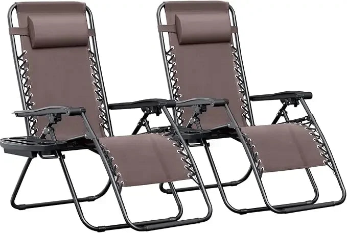 Zero Gravity Chairs Set of 2 Adjustable Steel Mesh Recliners Beach Deck Lawn Camping Patio Foldable Lounge Chair with Cup Holder
