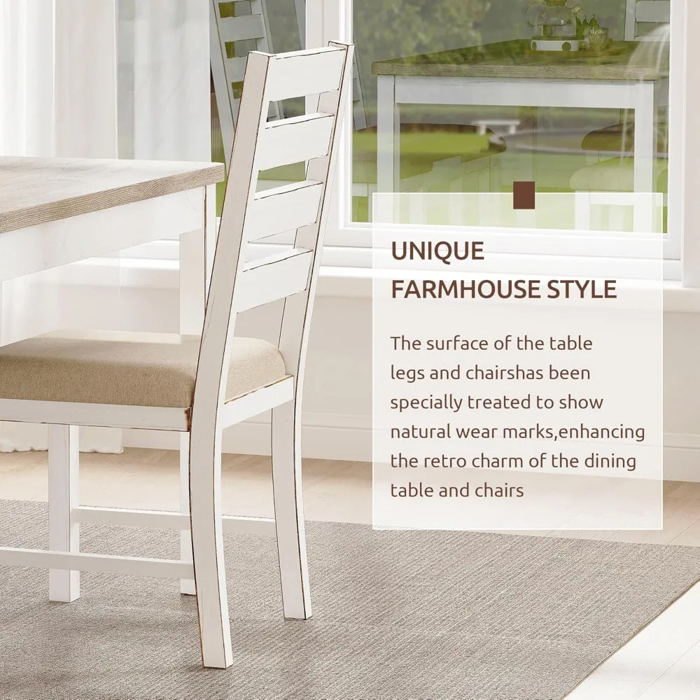59" Dining Table Set Farmhouse Rectangular White Kitchen Room Table & Chairs Set Solid Wood Stable Space Saving Easy Clean