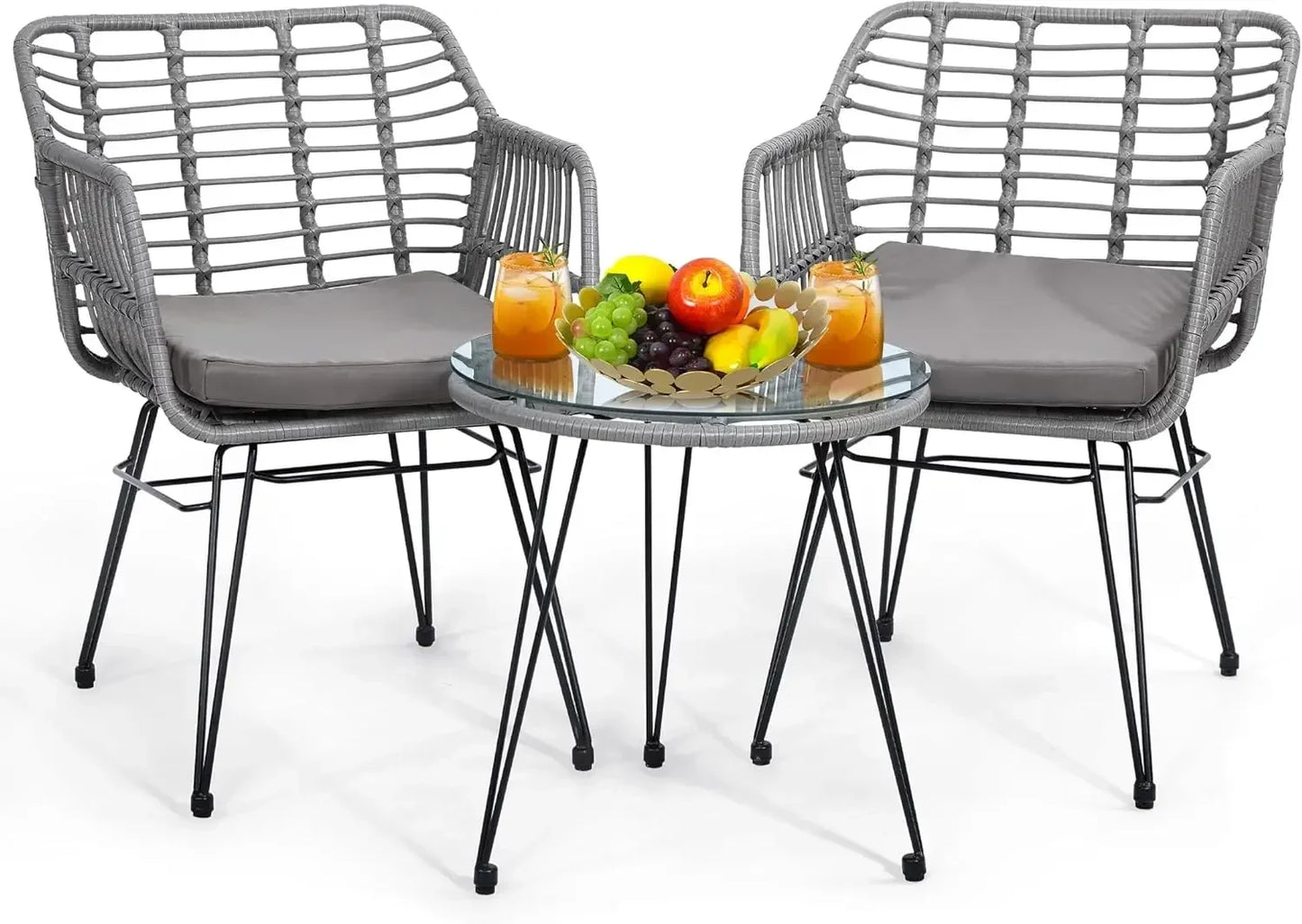 5 Piece Wicker Bistro Patio Conversation Furniture Set, Includes 2 Chairs, 2 Ottomans, and Side Table, Ideal for Porch, Balcony