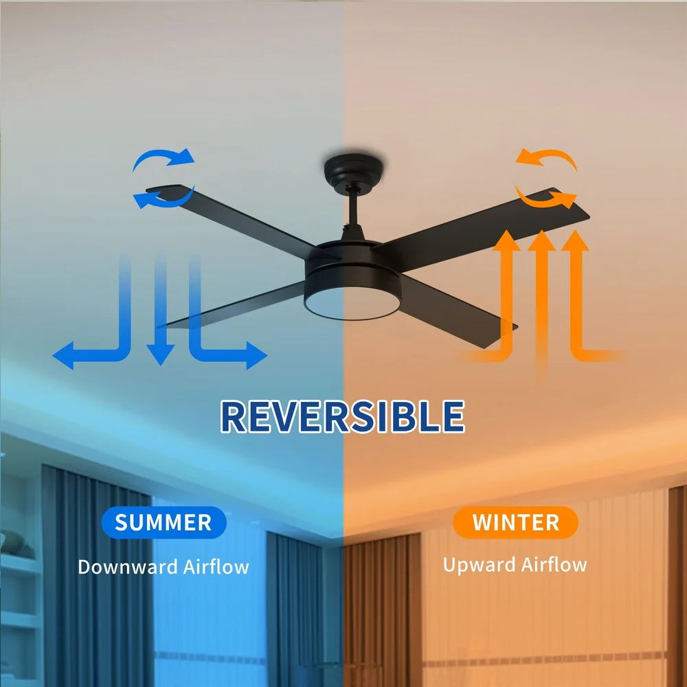 Dextrus 48" Black Ceiling Fan with Light Remote 4 Blades Memory Function & Night Light Mode