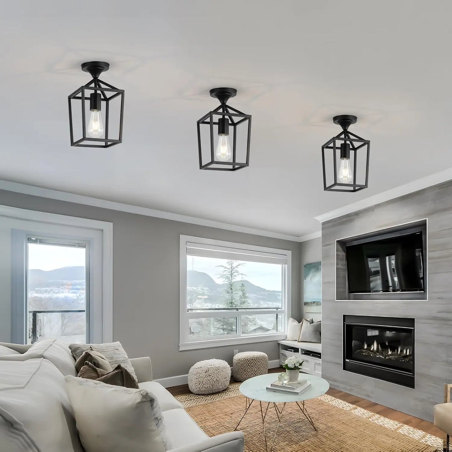 Black Industrial Ceiling Light - Farmhouse Metal Semi-Flush Fixture for Kitchen, Dining Room & Hallway (2-Pack)