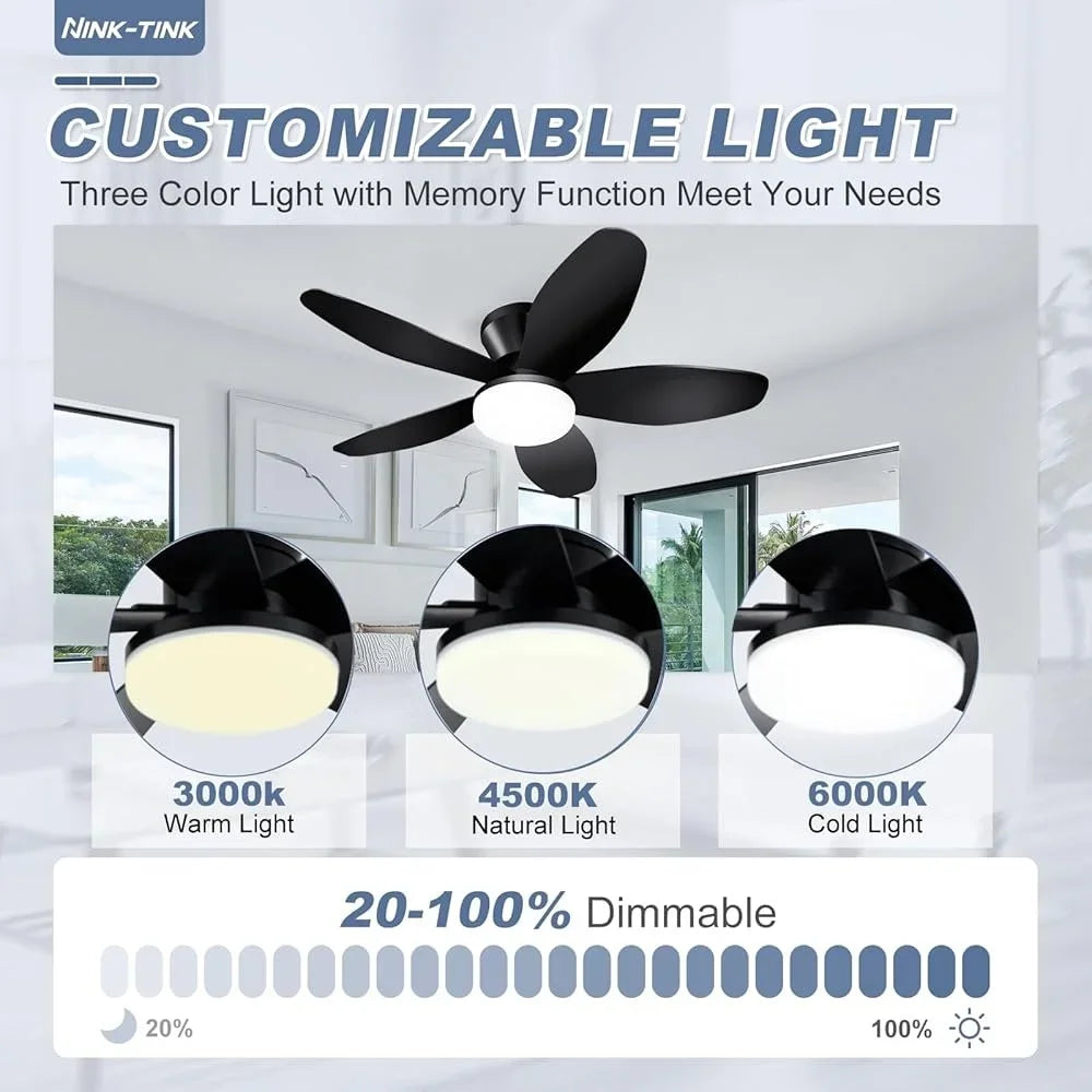 Small Ceiling Fan with Lights Remote Control Low Profile 35 Inch Flush Mount 6 Speed Reversible DC Motor Quiet LED Light Timer