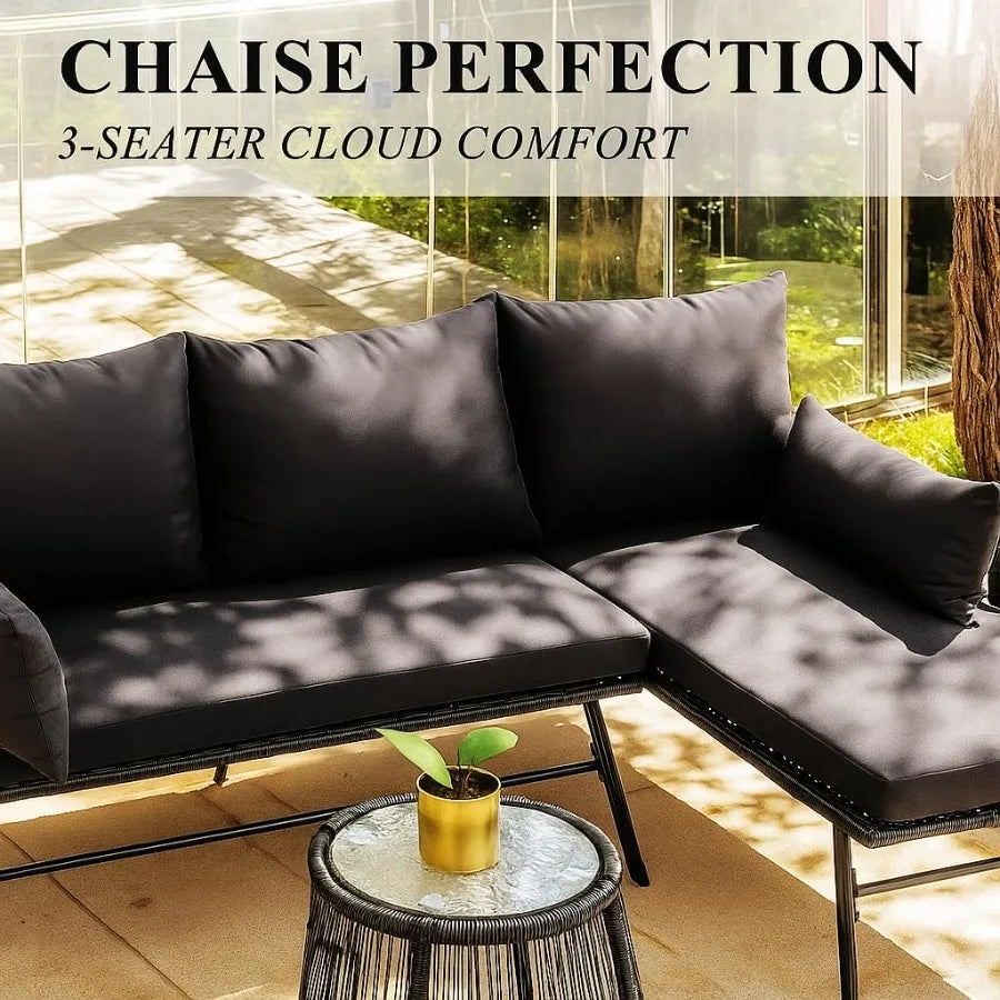 3Piece Outdoor Patio Furniture Set LShaped Rattan Sectiol Sofa with Thick Cushions Glass Coffee Table AllWeather Conversation