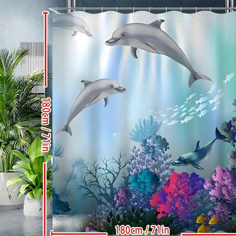 1pc Vibrant Undersea World Dolphin Shower Curtain - Waterproof,and Machine Washable Polyester Fabric Bath Curtain with Animal