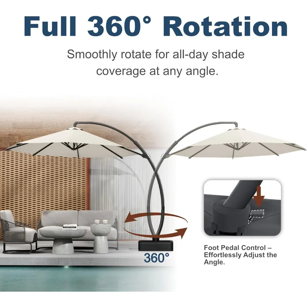 11FT Cantilever Umbrella with Base Large Curvy Outdoor Aluminum Offset Umbrella w/ 360° Rotation, UV Resistant Canopy for Patio
