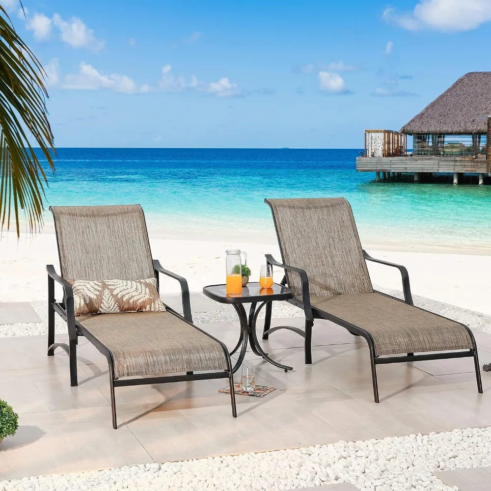 3 Pcs Chaise Lounge Set of 2 Patio Chairs with Adjustable Backrest in 4 Reclining Levels and 1 Metal Bistro Table with Tempered