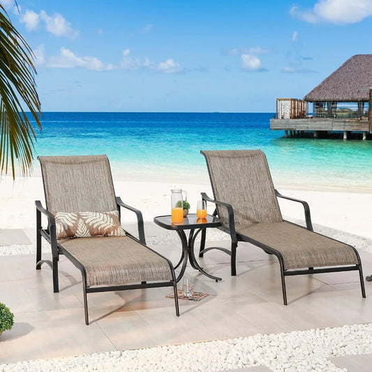 3 Pcs Chaise Lounge Set of 2 Patio Chairs with Adjustable Backrest in 4 Reclining Levels and 1 Metal Bistro Table with Tempered