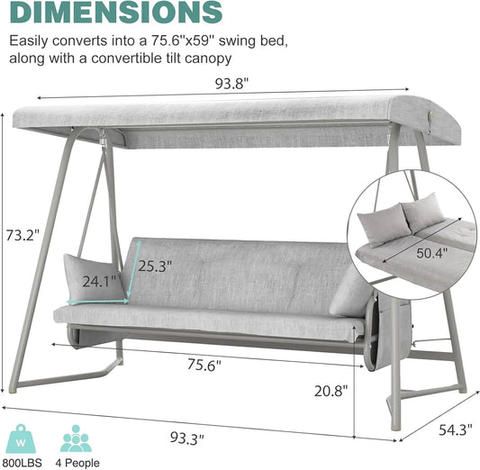 3 to 4 Person Porch Swing Outdoor 2-in-1 Swing Bed with Canopy Adjustable Backrest 800 lbs Capacity Patio Swing Chair with Stand