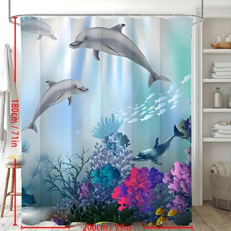 1pc Vibrant Undersea World Dolphin Shower Curtain - Waterproof,and Machine Washable Polyester Fabric Bath Curtain with Animal