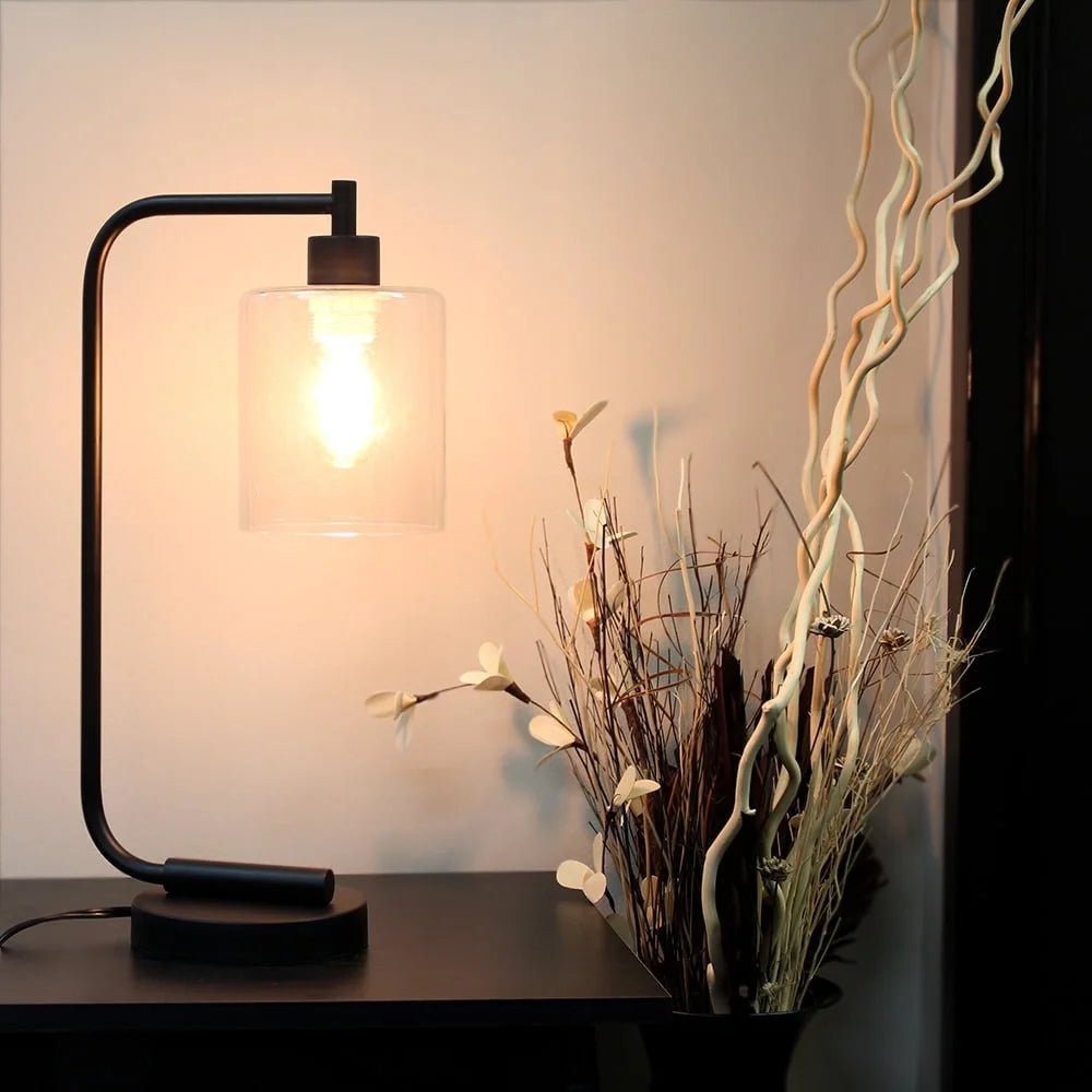 Industrial Iron Desk Lamp 16 Inch Black Clear Shade Edison Bulb Compatible ON OFF Switch Modern Home Decor Lighting