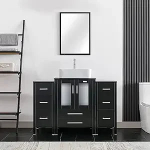 48" Modern Bathroom Vanity Sink Combo Black W/Small Side Cabinets Clear Boat Glass Vessel Sink & Water Save Faucet & Pop Up Dra