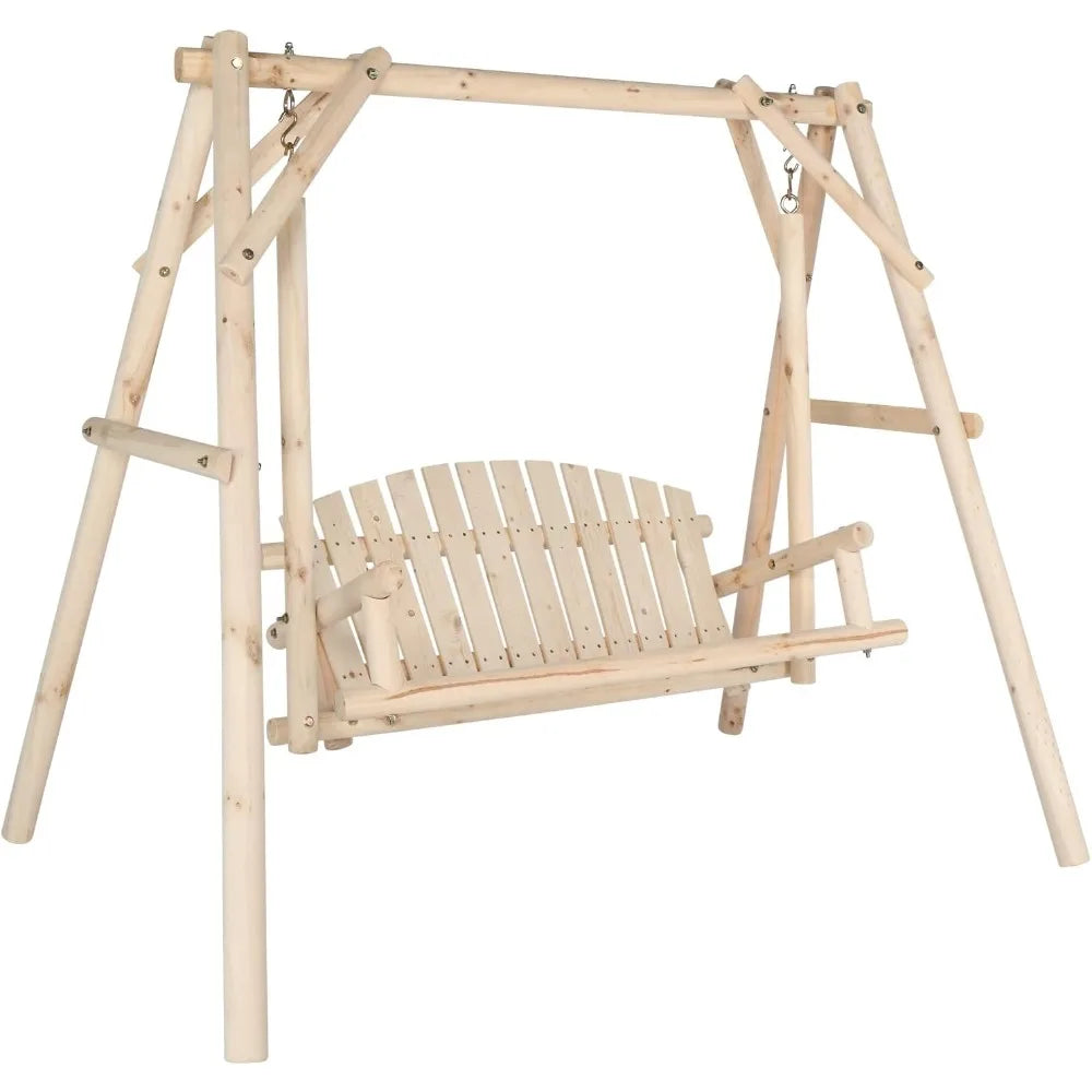 Heavy Duty 880 LBS Wooden Patio Porch Swing with A-Frame Stand, Hanging Swing Bench Chair with Frame for Outside, Yard, Garden