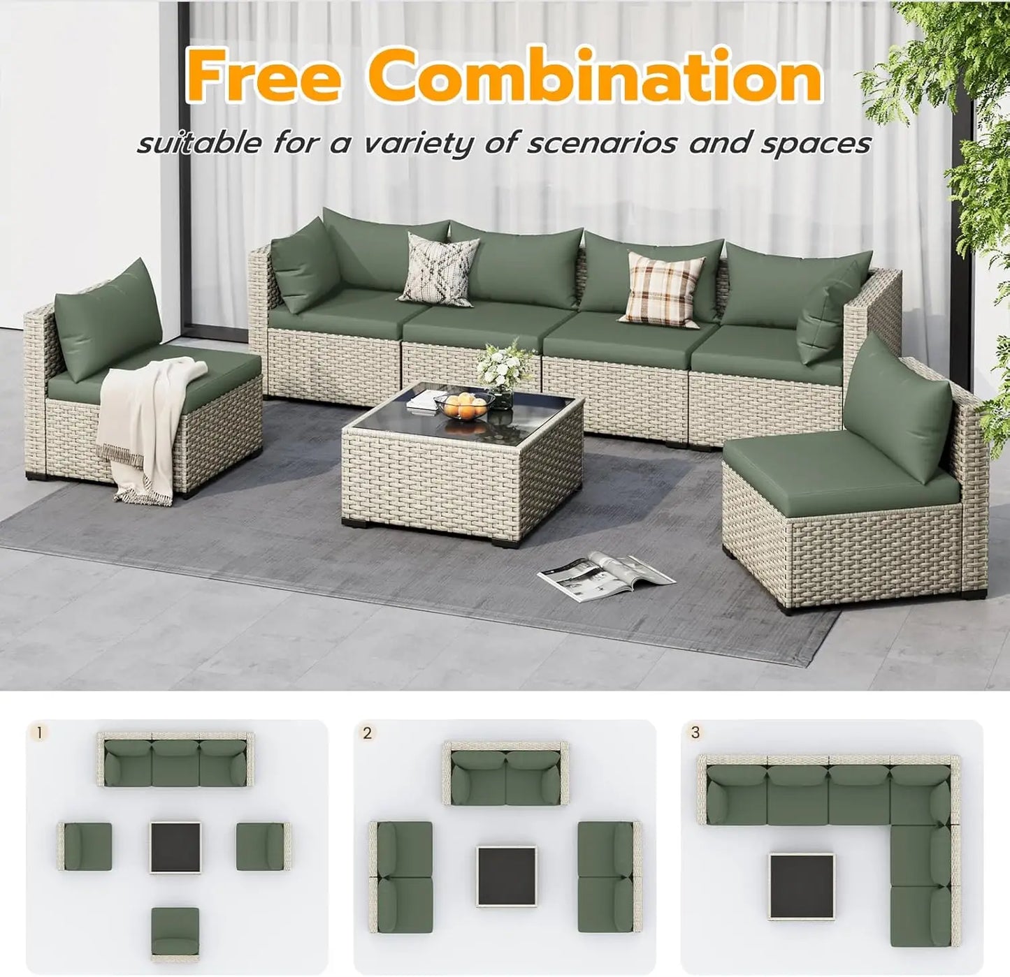 Outdoor Patio Furniture Set, 7-Piece PE Wicker Sectional Sofa with Tea Table, Outdoor Conversation Set for Patio,Garden,Backyard
