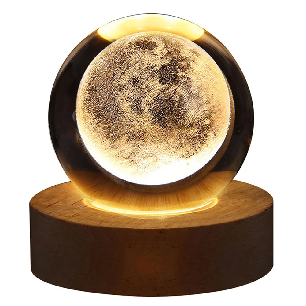 LED Crystal Ball Night Light Crystal Ball Lamp with Wooden Base Solar System Crystal Ball USB Charging for Home Decor