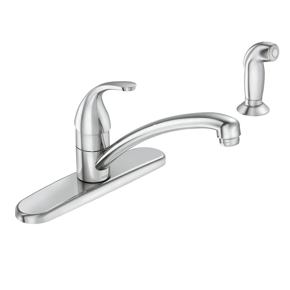 Classic One Handle Chrome Kitchen Faucet with Side Sprayer Low Arc Design Universal Fit ADA Compliant Easy Installation Modern