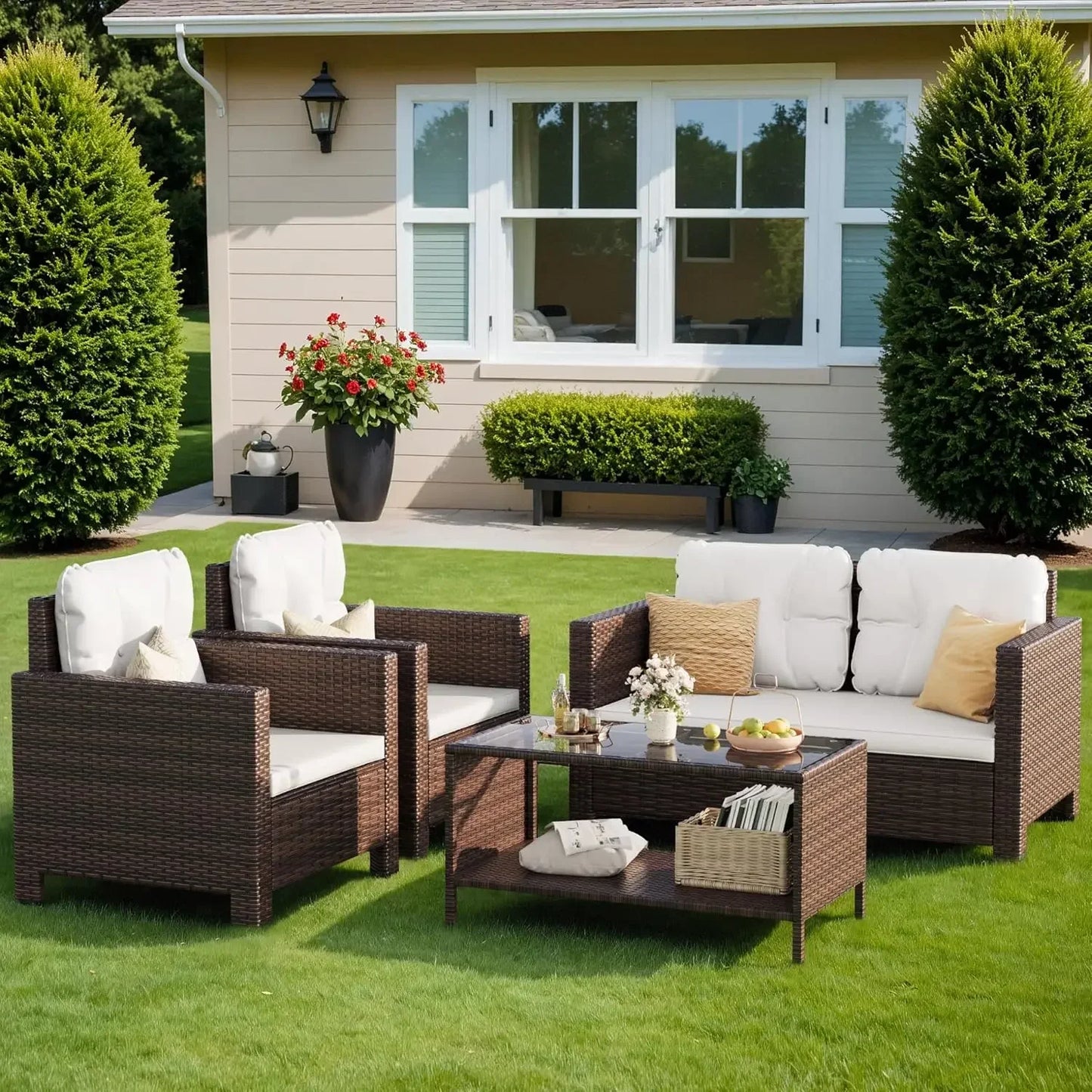 4 Pieces Patio Furniture Sets Rattan Chair Wicker Conversation Sofa Set, Outdoor Indoor Backyard