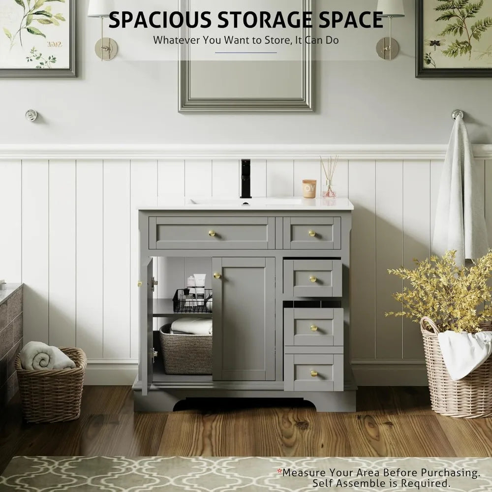 36" Bathroom Vanity with Sink Combo, Vintage Bathroom Vanities Storage Cabinet w/Painted Surface, Raised Arch Feet, Soft Closin