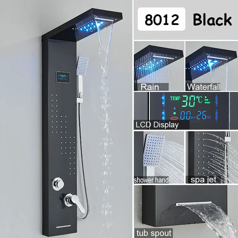 Black LED Light Shower Panel Waterfall&Rainfall Faucet Set Systems Bathroom Mixer Taps Tower with Spa Shower Columns Massage Jet