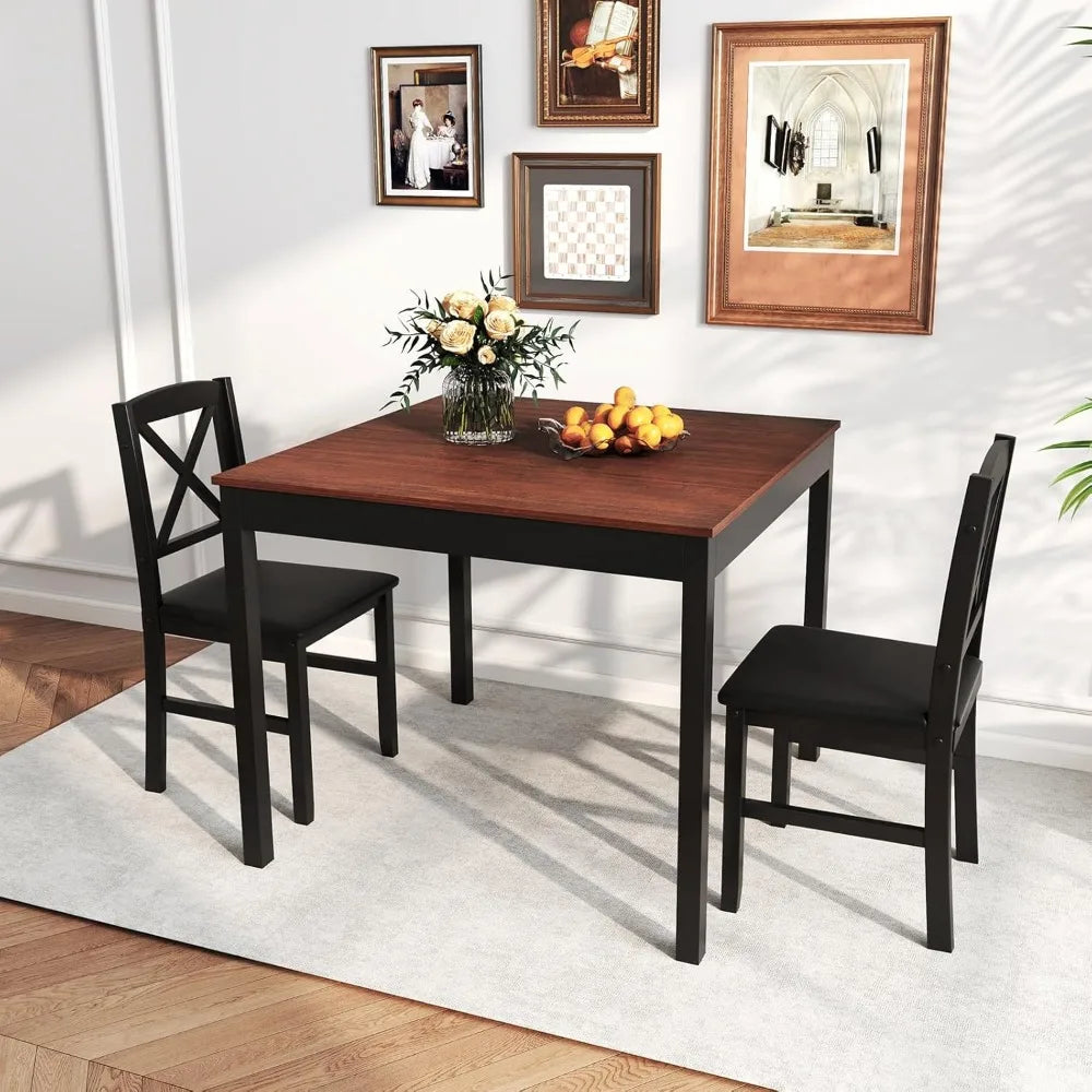 Mid-Century Modern Dining Table Set for 2, Wooden Kitchen Table & 2 Chairs with Padded Seats, 3-Piece Compact Dining Set for Sm