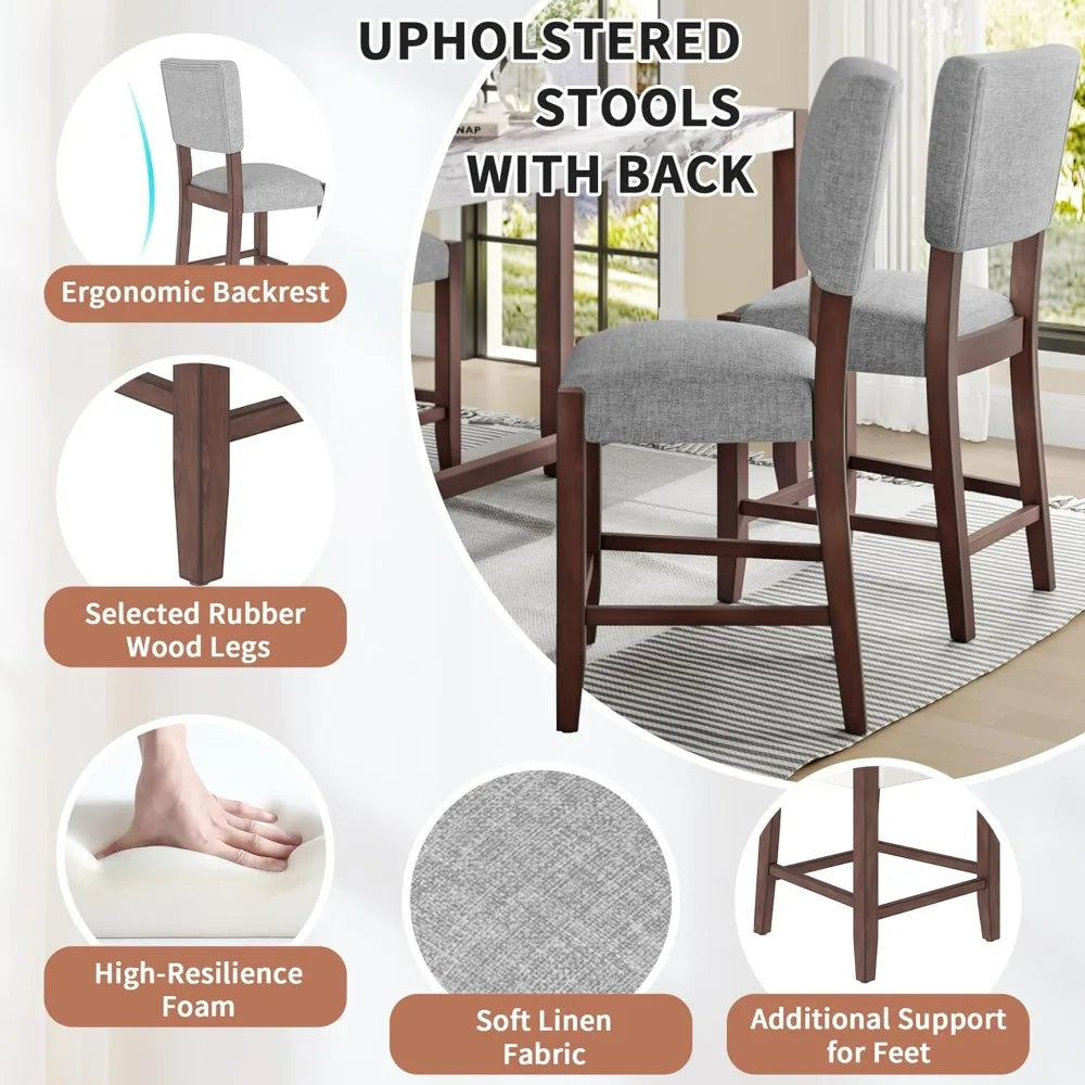 5-Piece Counter Height Dining Set with 1 Faux Marble Top Bar Table and 4 Upholstered Chairs, Mid-Century Modern Kitchen Table S